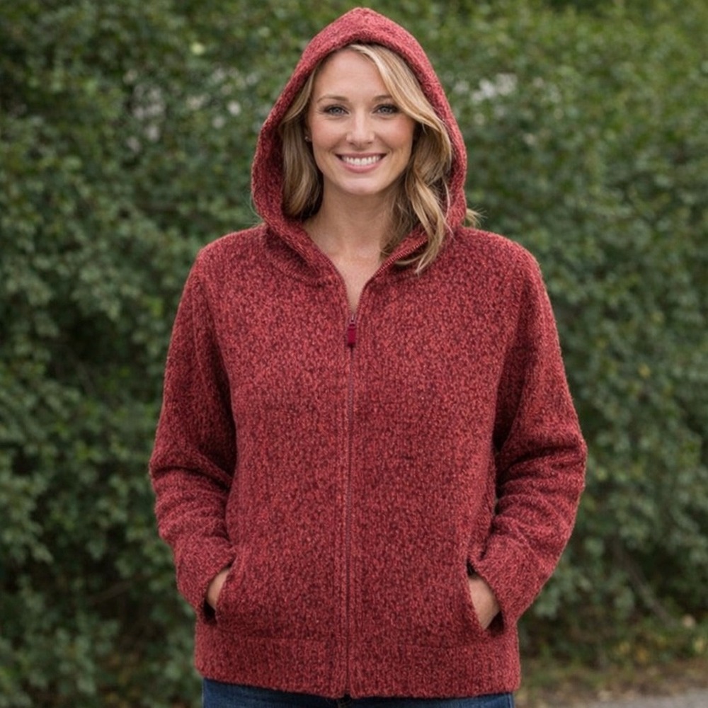 J. Jill Red Chenille Full Zip Hooded Sweater XL Burgundy Soft Knit Cardigan